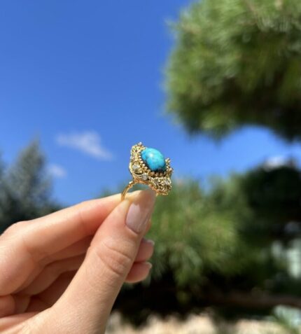 Inel vintage din aur de 18k cu turcoaz si diamante naturale
