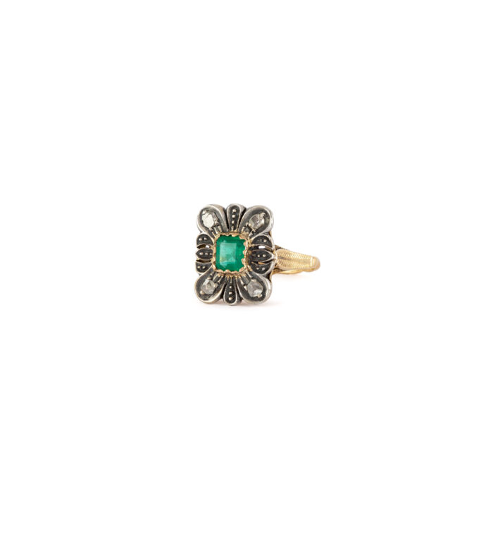 Inel vintage din aur de 18k si argint cu smarald columbian si diamante naturale