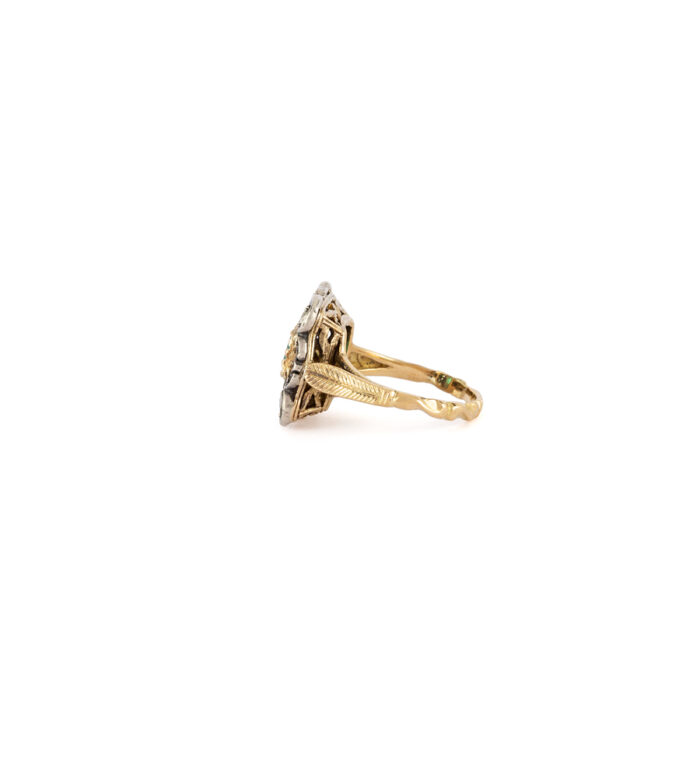 Inel vintage din aur de 18k si argint cu smarald columbian si diamante naturale