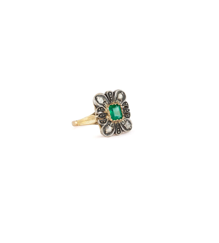 Inel vintage din aur de 18k si argint cu smarald columbian si diamante naturale