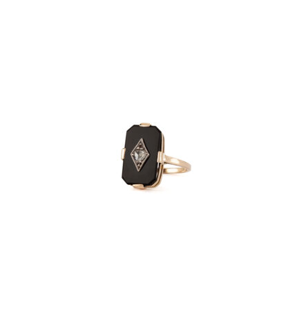 Inel authentic Art Deco din aur de 14k cu onix si diamant natural