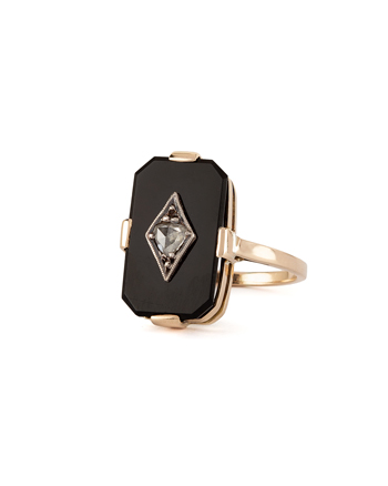 Inel authentic Art Deco din aur de 14k cu onix si diamant natural