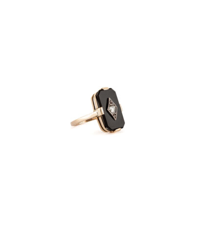 Inel authentic Art Deco din aur de 14k cu onix si diamant natural