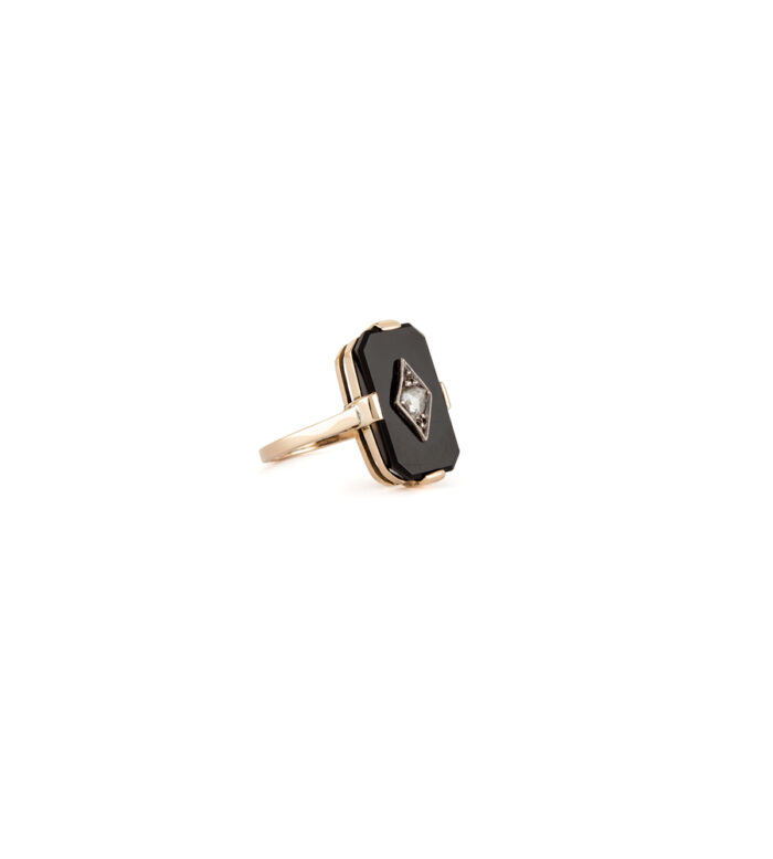 Inel authentic Art Deco din aur de 14k cu onix si diamant natural