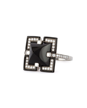 Inel autentic Art Deco din aur alb de 18k cu onix si diamante naturale