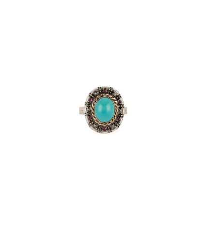 Inel vintage din aur de 12k cu turcoaz, rubine si diamante naturale