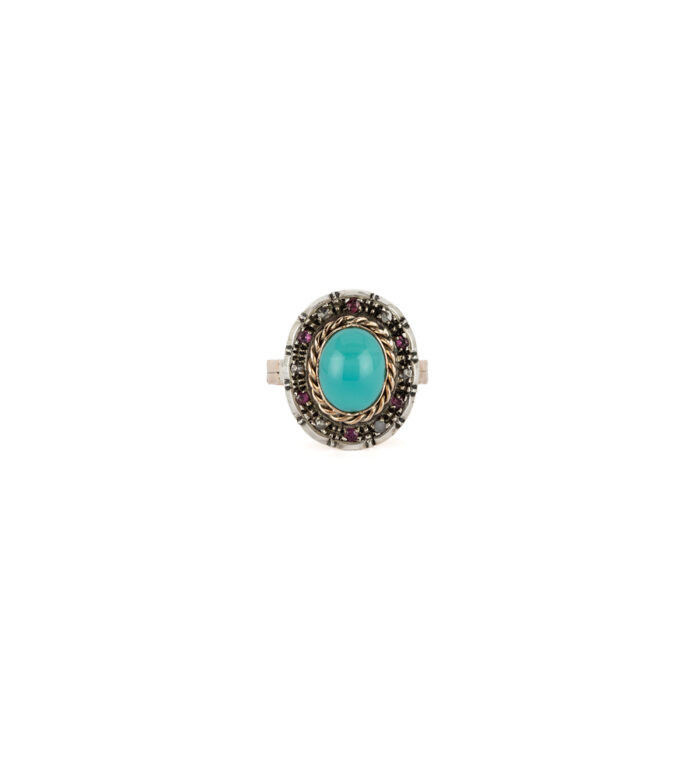 Inel vintage din aur de 12k cu turcoaz, rubine si diamante naturale