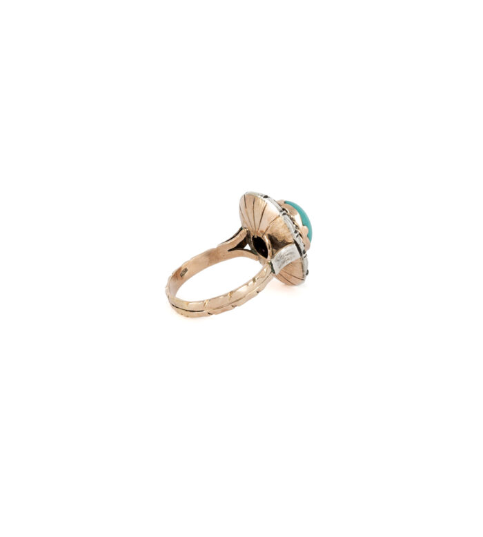 Inel vintage din aur de 12k cu turcoaz, rubine si diamante naturale