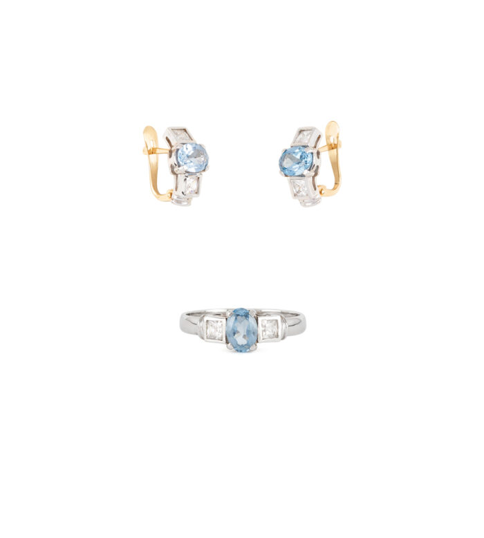 Set din aur alb si galben de 18k cu acvamarin si cubic zirconia