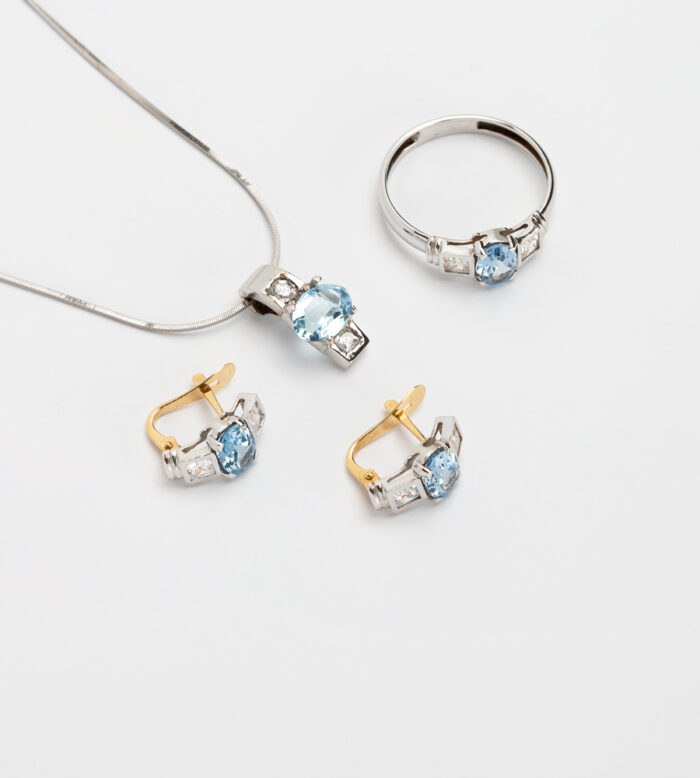 Set din aur alb si galben de 18k cu acvamarin si cubic zirconia