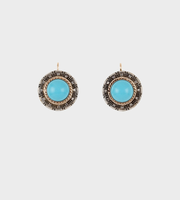 Cercei vintage din aur de 12k si argint cu turcoaz si diamante naturale