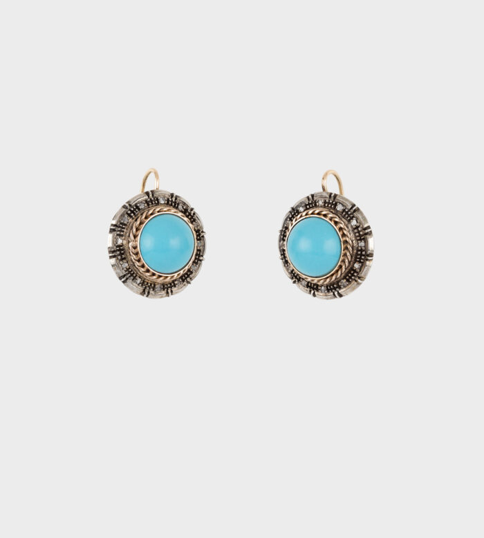 Cercei vintage din aur de 12k si argint cu turcoaz si diamante naturale