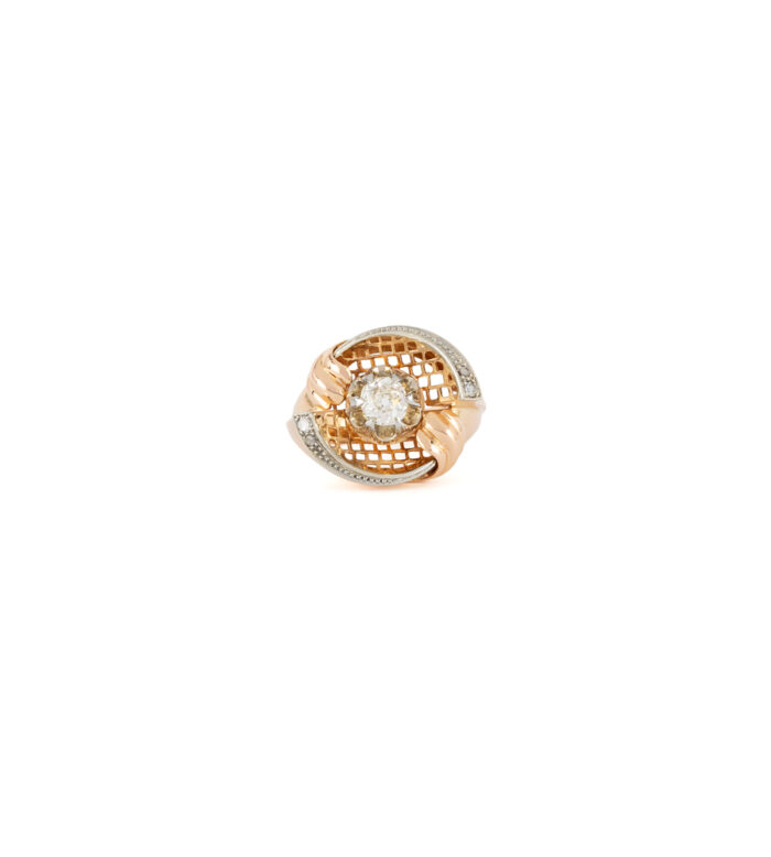 Inel vintage din aur roz de 18k si platina cu diamante naturale