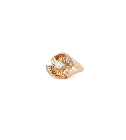 Inel vintage din aur roz de 18k si platina cu diamante naturale