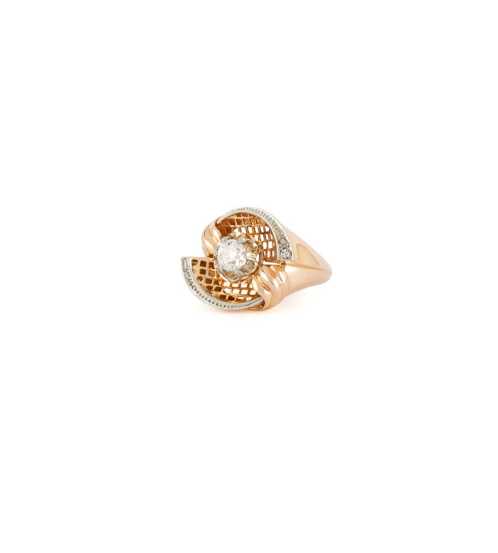 Inel vintage din aur roz de 18k si platina cu diamante naturale