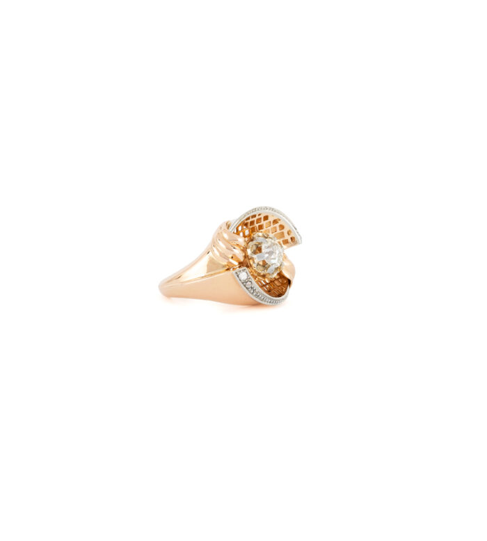 Inel vintage din aur roz de 18k si platina cu diamante naturale