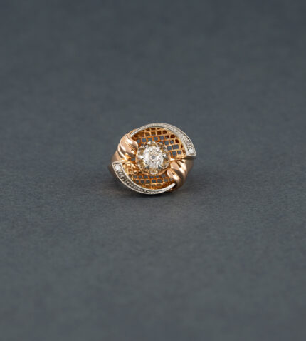 Inel vintage din aur roz de 18k si platina cu diamante naturale