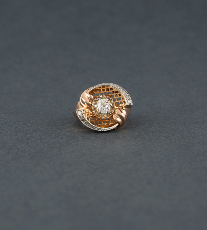 Inel vintage din aur roz de 18k si platina cu diamante naturale