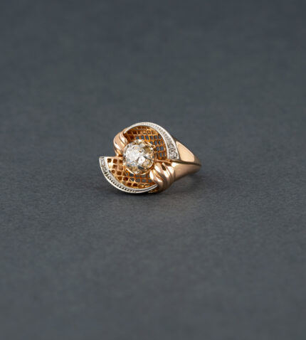 Inel vintage din aur roz de 18k si platina cu diamante naturale