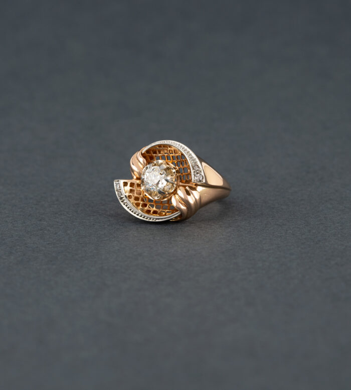 Inel vintage din aur roz de 18k si platina cu diamante naturale