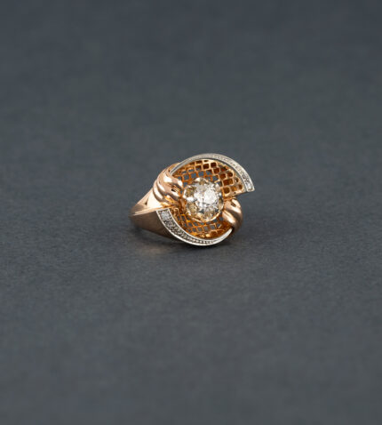 Inel vintage din aur roz de 18k si platina cu diamante naturale
