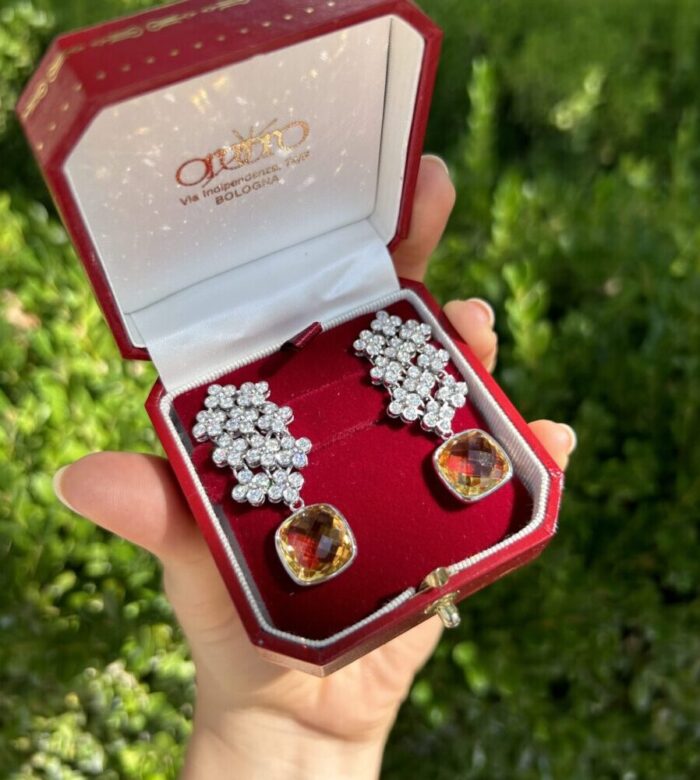 Cercei lungi aur alb cu citrin si diamante