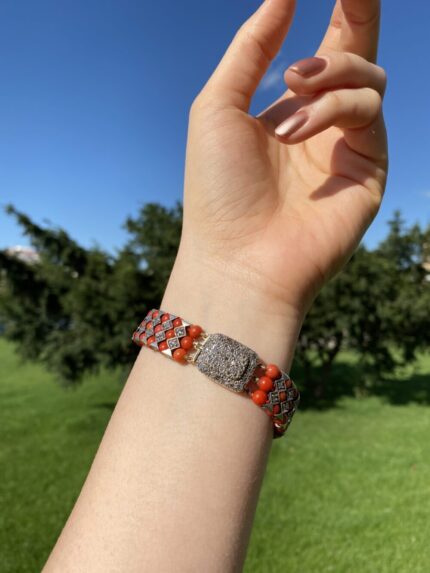 Bratara vintage din argint cu aur de 14k, coral si diamante naturale