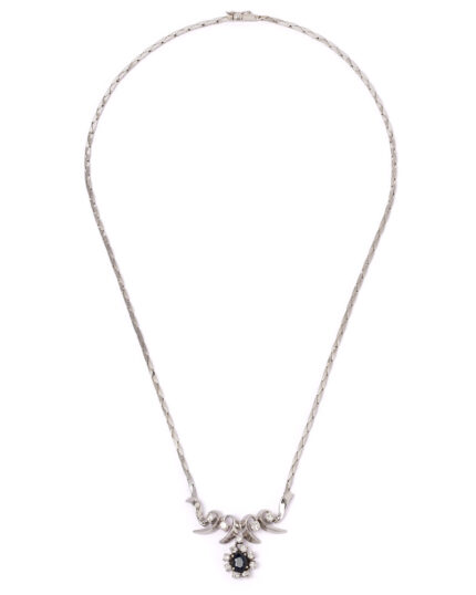 Colier din aur alb de 14k cu safir si diamante naturale