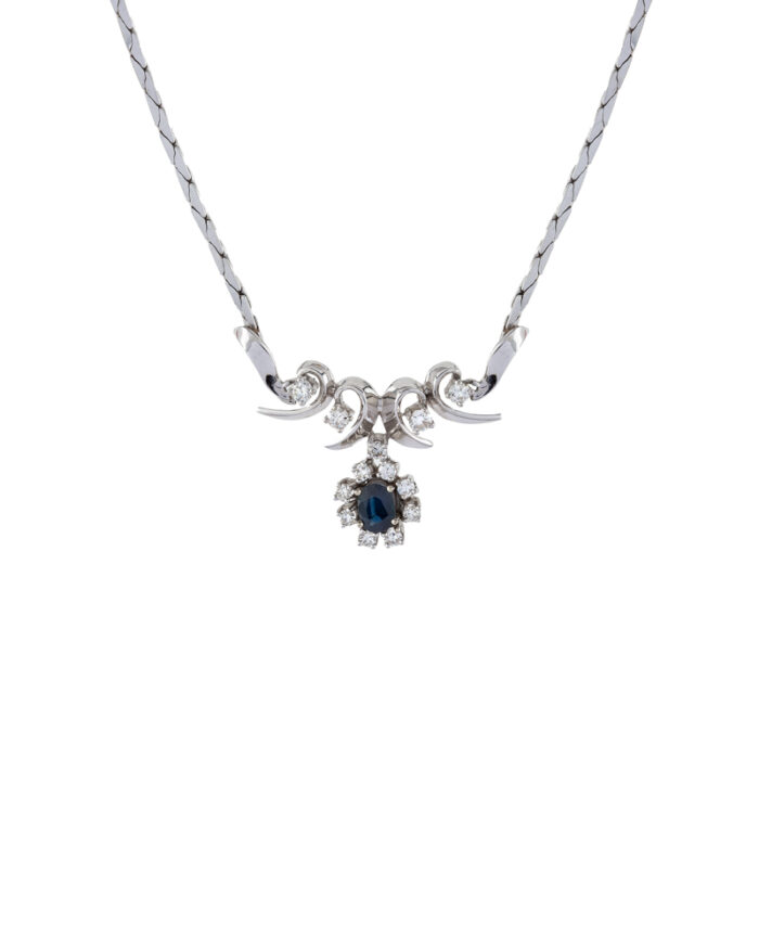 Colier din aur alb de 14k cu safir si diamante naturale