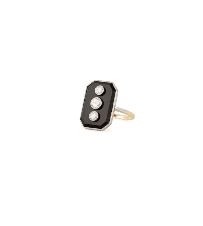 Inel autentic Art Deco din aur de 18k si platina cu onix si diamante naturale