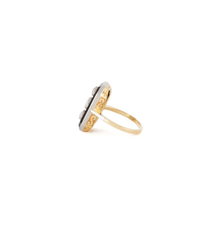 Inel autentic Art Deco din aur de 18k si platina cu onix si diamante naturale