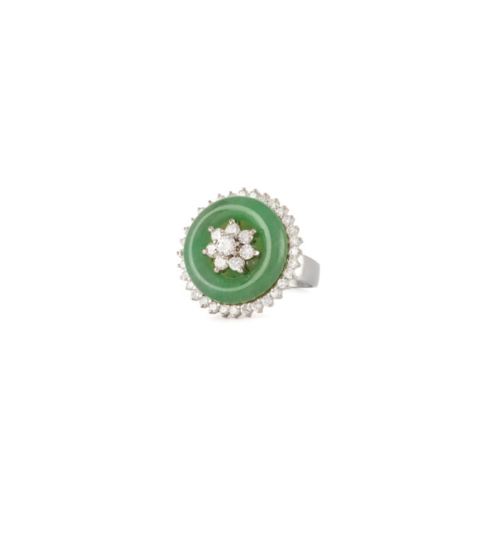 Inel din aur alb de 14k cu jad si diamante naturale