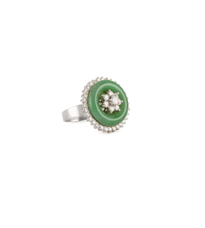 Inel din aur alb de 14k cu jad si diamante naturale