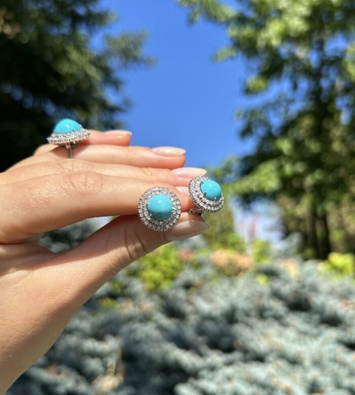 Set din aur alb de 18k cu turcoaz si diamante naturale