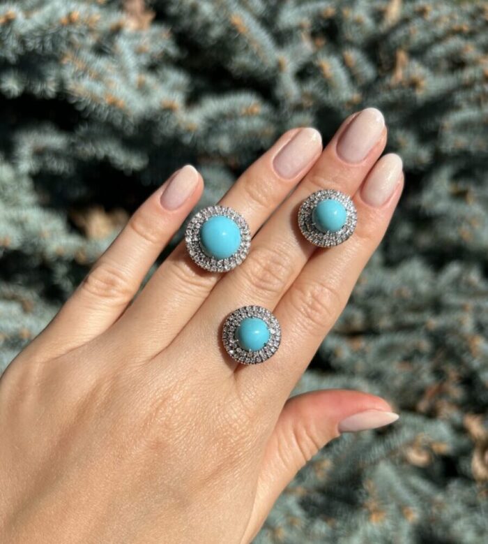 Set din aur alb de 18k cu turcoaz si diamante naturale