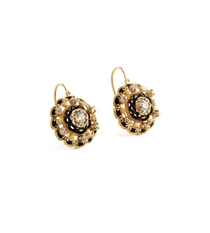 Cercei vintage din aur de 18k cu email negru si diamante naturale