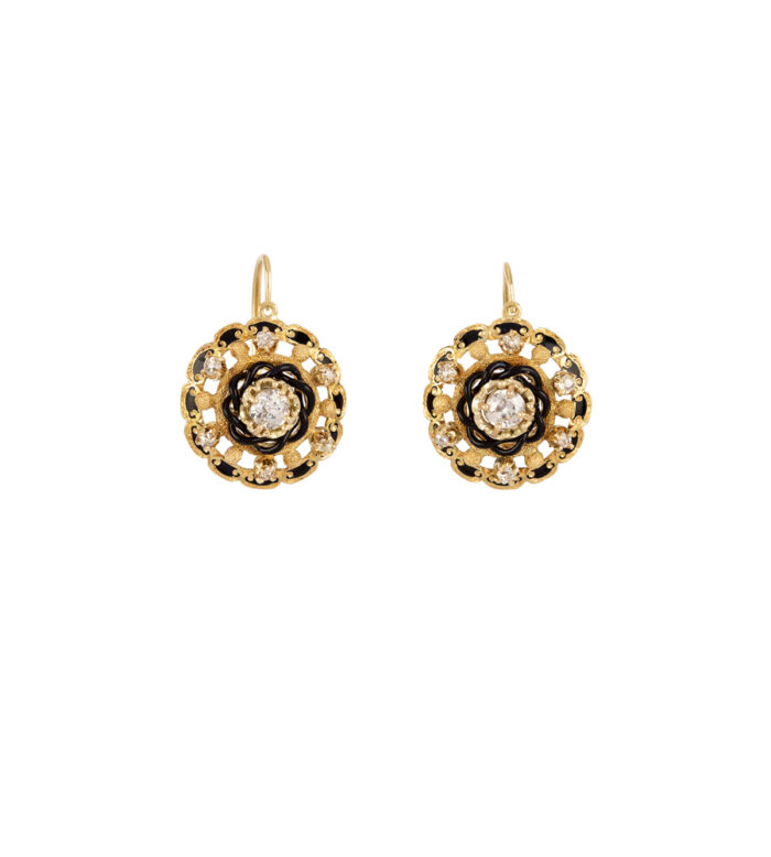 Cercei vintage din aur de 18k cu email negru si diamante naturale