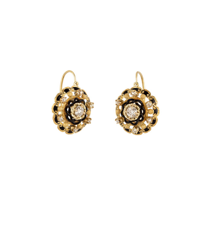 Cercei vintage din aur de 18k cu email negru si diamante naturale