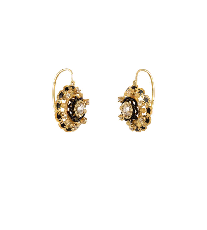 Cercei vintage din aur de 18k cu email negru si diamante naturale