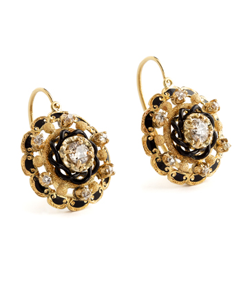 Cercei vintage din aur de 18k cu email negru si diamante naturale