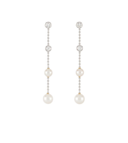 Cercei lungi din aur alb de 18k cu perle si diamante naturale 1.6ct