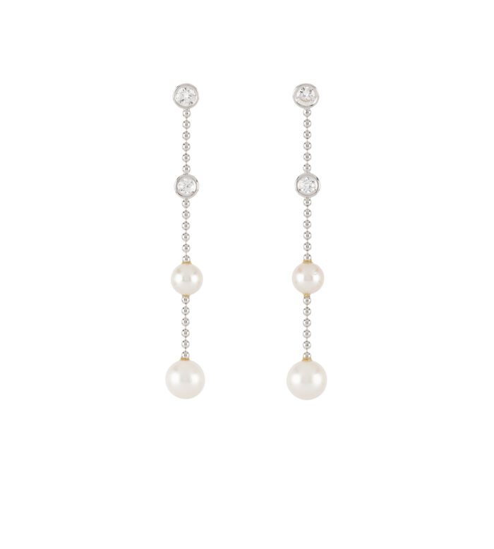 Cercei lungi din aur alb de 18k cu perle si diamante naturale 1.6ct