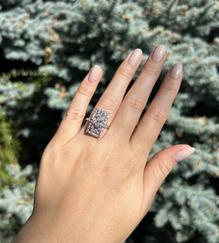 Inel autentic Art Deco din aur de 14k si platina cu diamante naturale