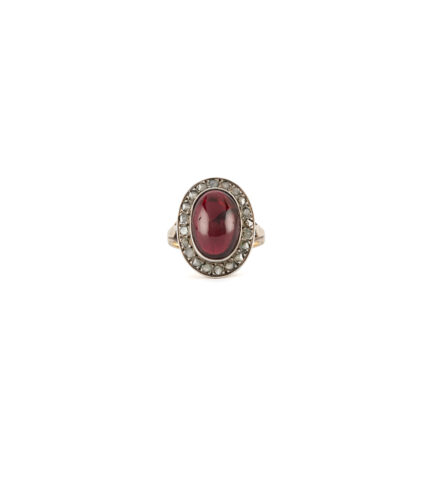 Inel vintage din aur de 18k si argint cu granat caboson si diamante naturale