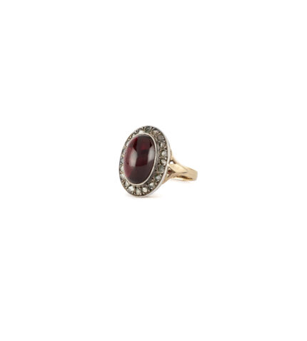 Inel vintage din aur de 18k si argint cu granat caboson si diamante naturale