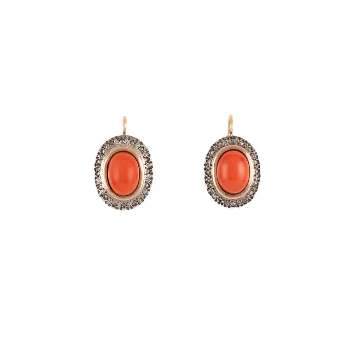 Set vintage din aur de 18k si argint, coral si diamante naturale