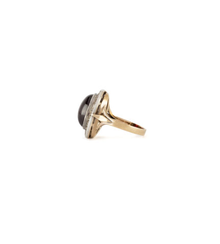 Inel vintage din aur de 18k si argint cu granat caboson si diamante naturale