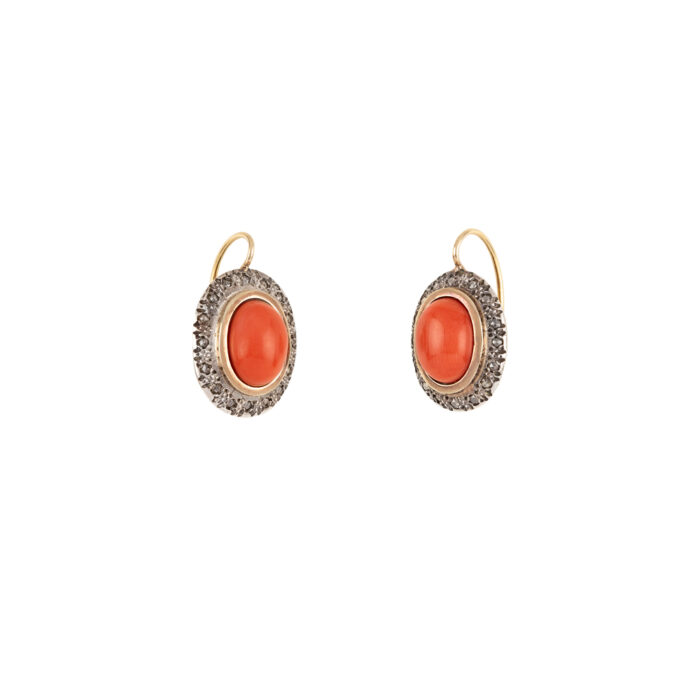 Set vintage din aur de 18k si argint, coral si diamante naturale