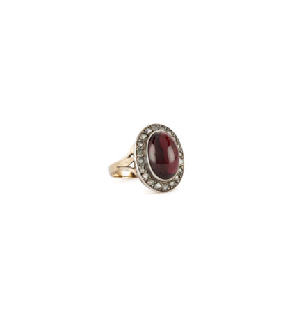 Inel vintage din aur de 18k si argint cu granat caboson si diamante naturale