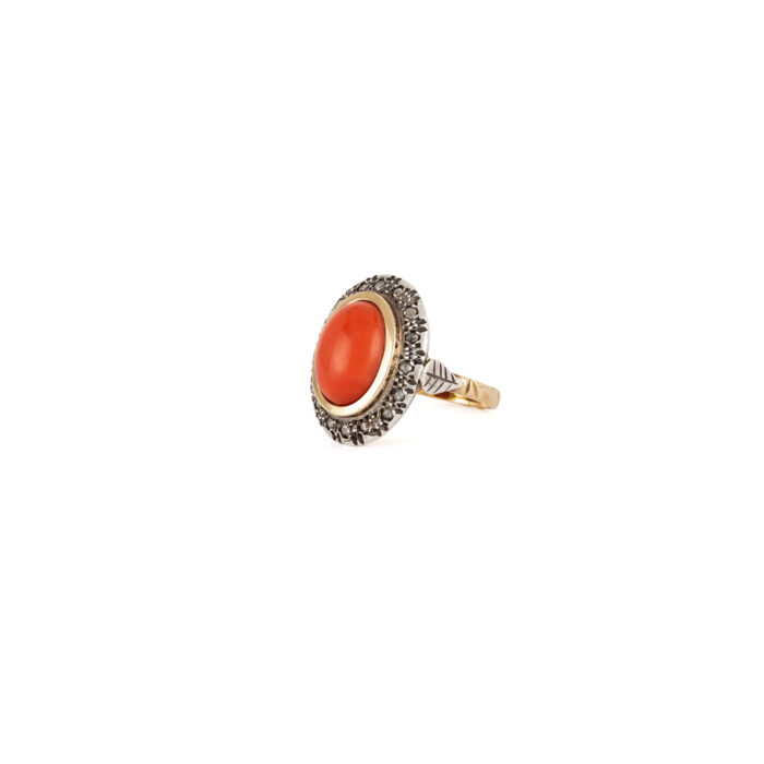 Set vintage din aur de 18k si argint, coral si diamante naturale